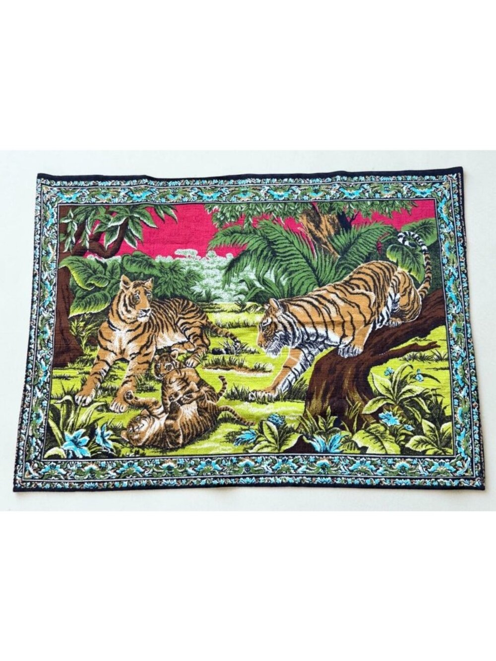 Tiger Family Tapestry Wall Hanging Scenic Jungle Design Vintage Art 50" x 35"